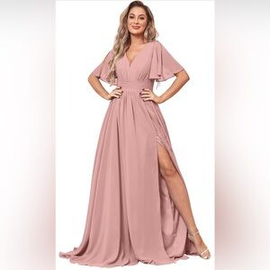 Dusty Rose Long Bridesmaid Dress, flowy short sleeves (NEW, never worn)